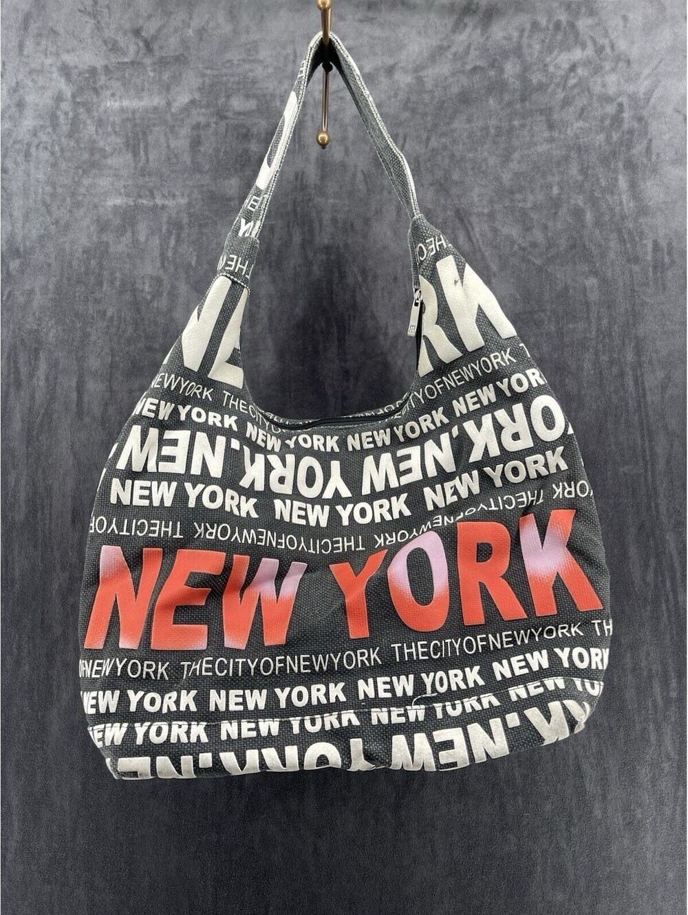Robin Ruth New York Canvas Shoulder Hobo Bag Red Lining Zip Top Purse Handbag